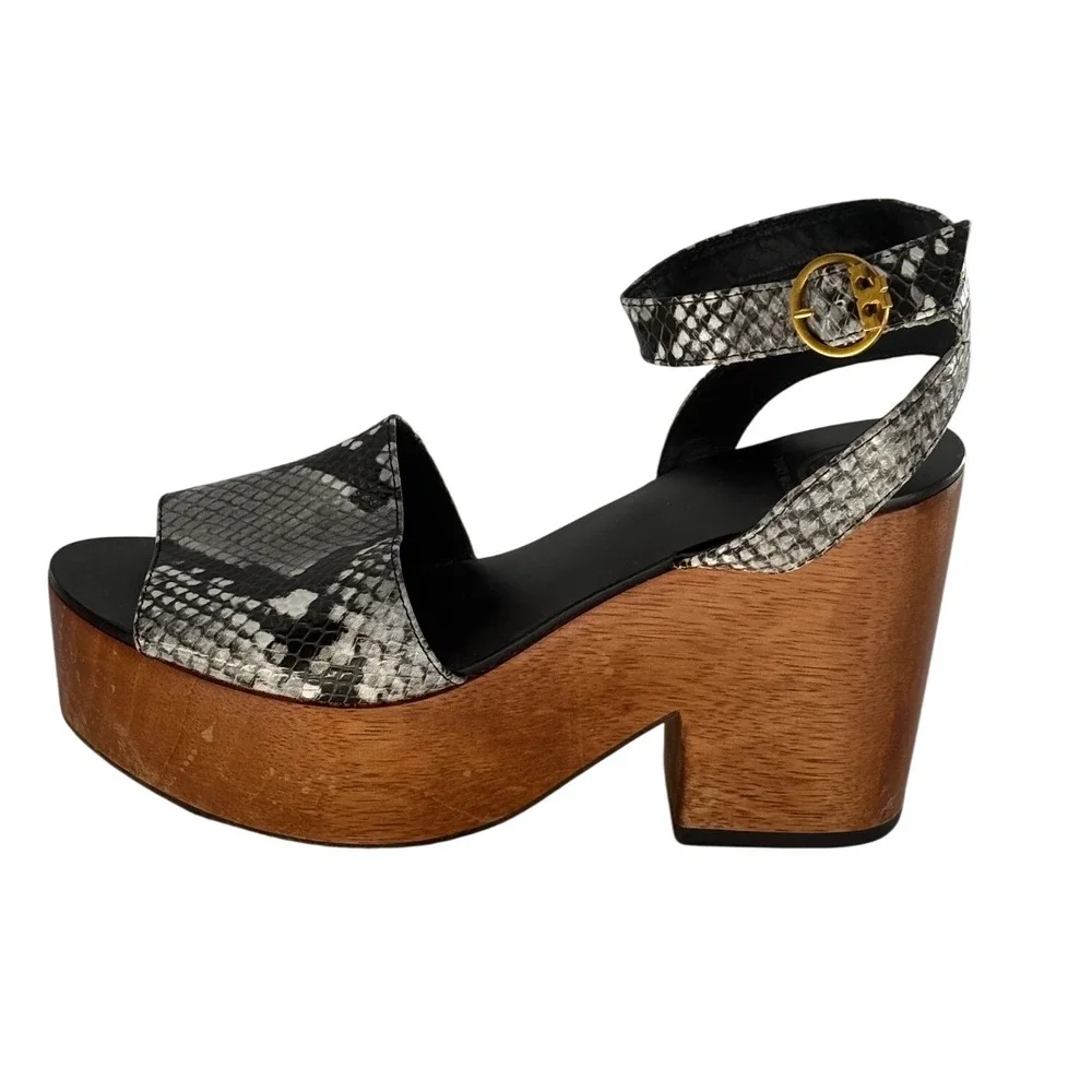 Tory Burch Heels Camilla Platform Snake Embossed Leather Wooden 7.5‎ Black White